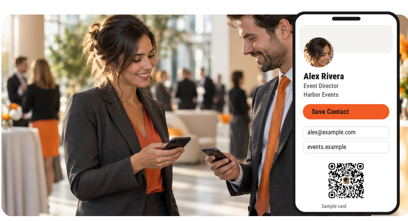 Two event professionals sharing contact information beside a sample digital business card with a photo and QR code